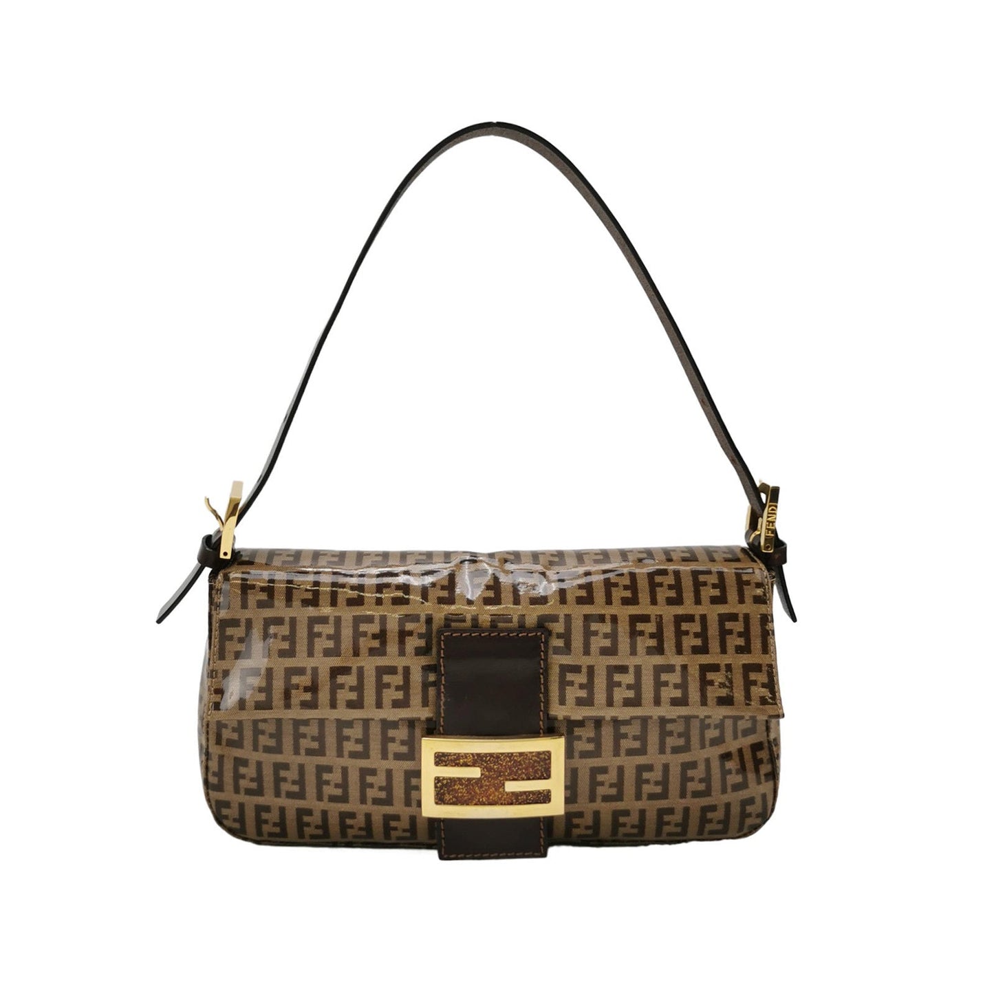 Fendi Baguette Zucchino Monogram Brown Patent Leather