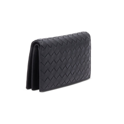 Bottega Veneta Black Intrecciato Calfskin Leather Bi-Fold Compact Wallet