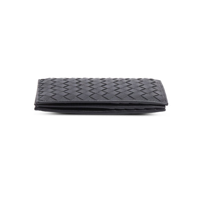 Bottega Veneta Black Intrecciato Calfskin Leather Bi-Fold Compact Wallet