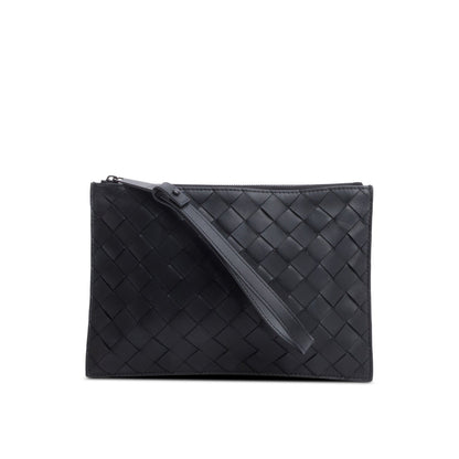 Bottega Veneta Black Nappa Leather Intrecciato Flat Pouch