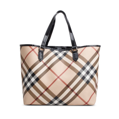 Burberry Super Nova Check Black Patent Leather Trim Large Nickie Tote Bag