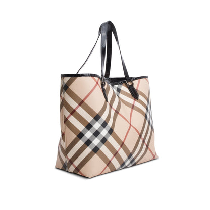 Burberry Super Nova Check Black Patent Leather Trim Large Nickie Tote Bag