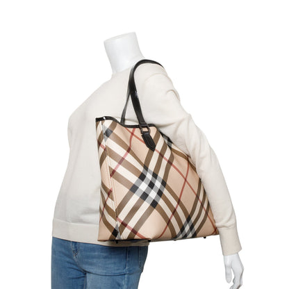 Burberry Super Nova Check Black Patent Leather Trim Large Nickie Tote Bag