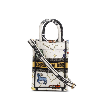 Christian Dior 2022 Cream Canvas Embroidered Pixel Zodiac Mini Book Tote Phone Bag