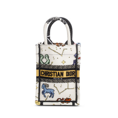 Christian Dior 2022 Cream Canvas Embroidered Pixel Zodiac Mini Book Tote Phone Bag