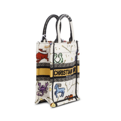 Christian Dior 2022 Cream Canvas Embroidered Pixel Zodiac Mini Book Tote Phone Bag
