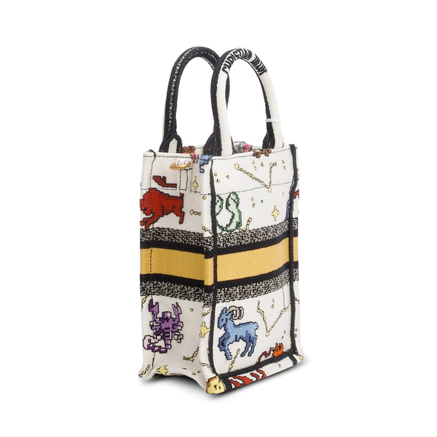 Christian Dior 2022 Cream Canvas Embroidered Pixel Zodiac Mini Book Tote Phone Bag
