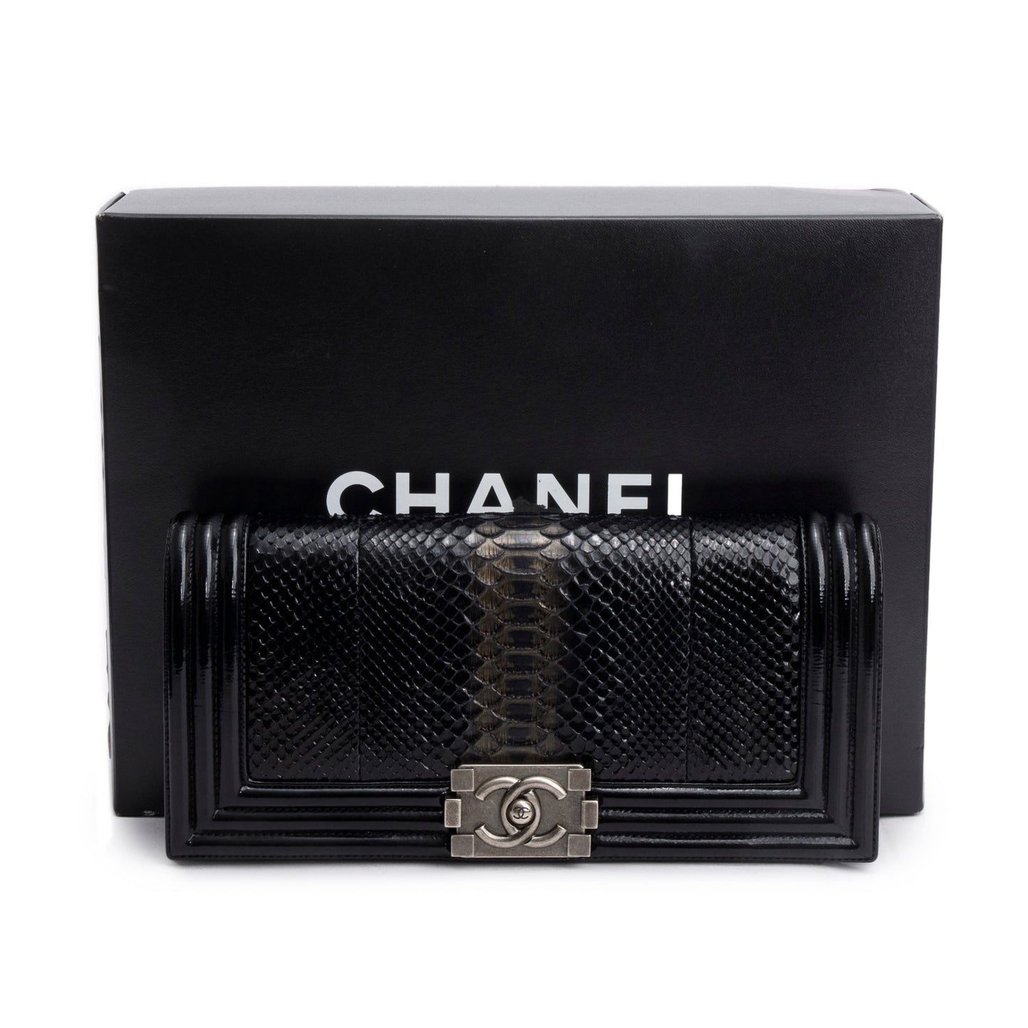 Chanel Black Python Patent Leather Boy Flap Clutch