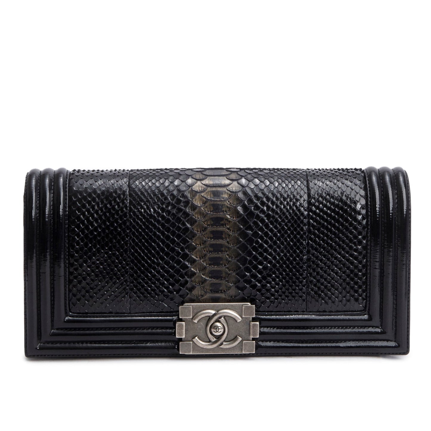 Chanel Black Python Patent Leather Boy Flap Clutch
