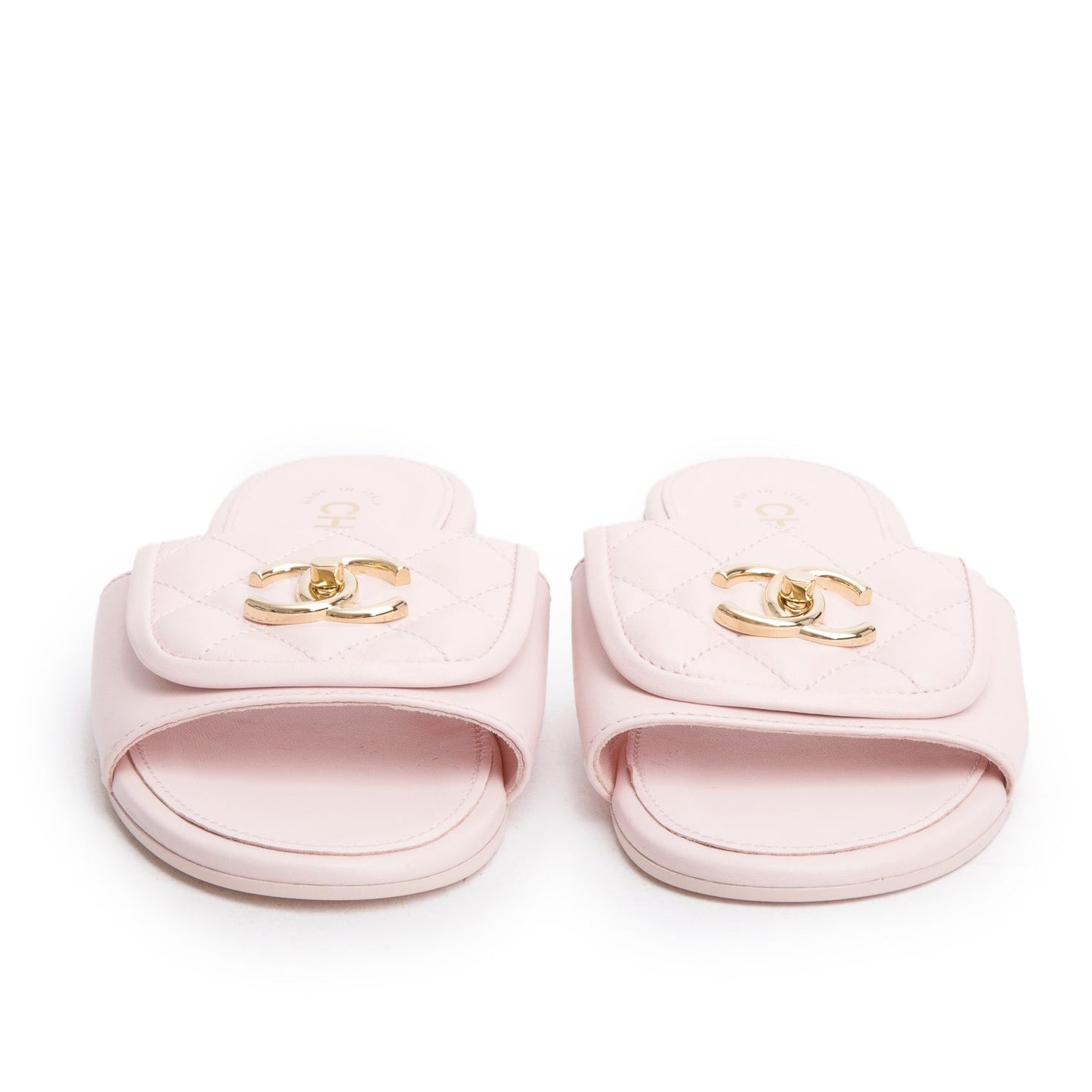Chanel Pink Lambskin Quilted Turnlock Flat Mules, Size 36