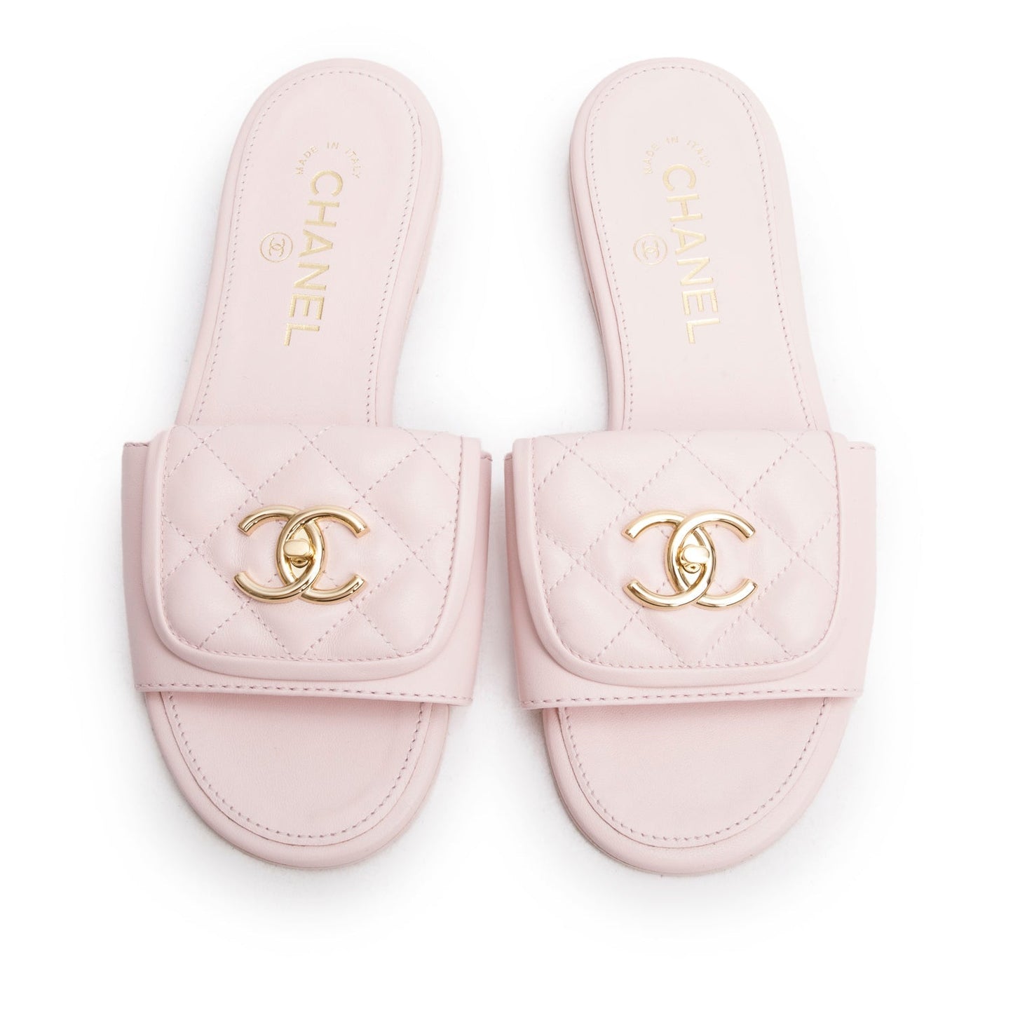 Chanel Pink Lambskin Quilted Turnlock Flat Mules, Size 36