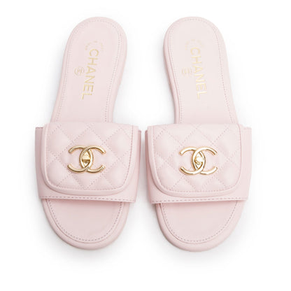 Chanel Pink Lambskin Quilted Turnlock Flat Mules, Size 36