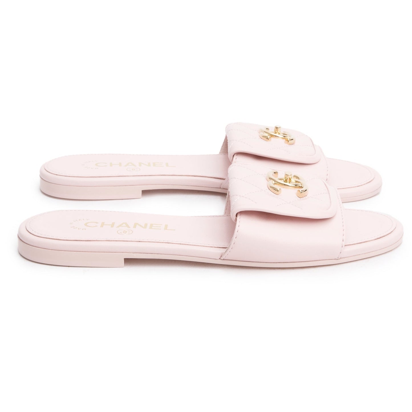 Chanel Pink Lambskin Quilted Turnlock Flat Mules, Size 36
