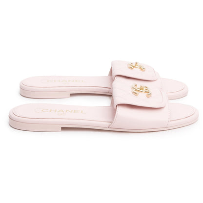 Chanel Pink Lambskin Quilted Turnlock Flat Mules, Size 36