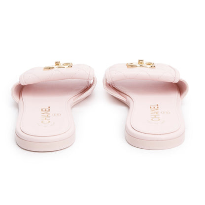 Chanel Pink Lambskin Quilted Turnlock Flat Mules, Size 36