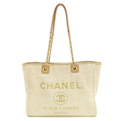 CHANEL Tote Bag Tweed white Deauville MM Gold Metal