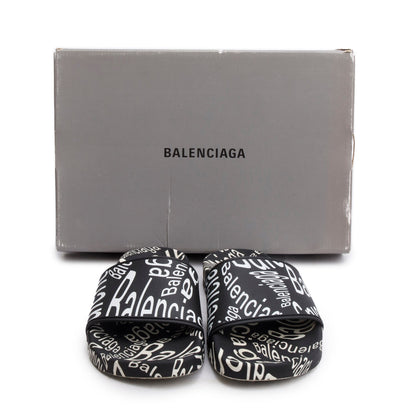 Balenciaga Black/White Rubber All Over Logo Print Pool Slide Sandals, Size 39