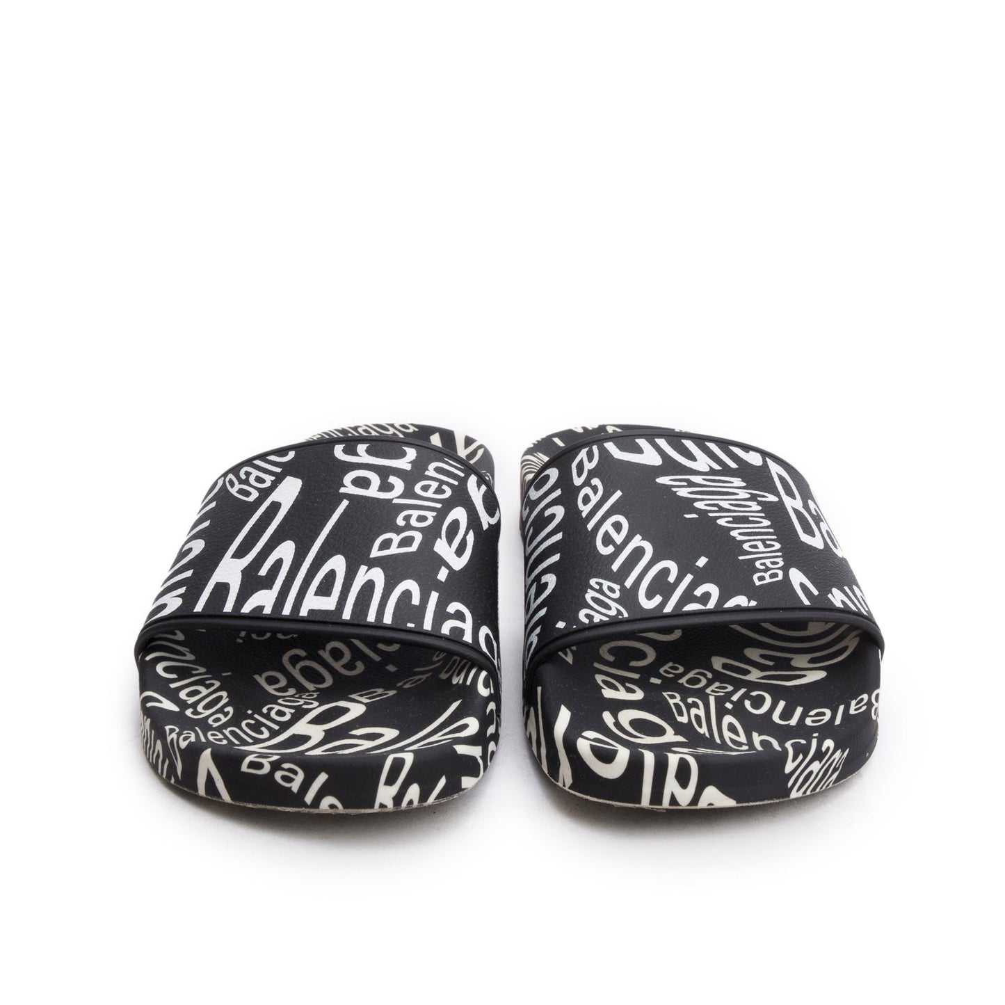 Balenciaga Black/White Rubber All Over Logo Print Pool Slide Sandals, Size 39