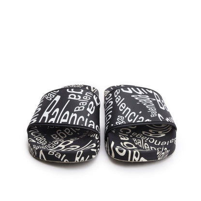 Balenciaga Black/White Rubber All Over Logo Print Pool Slide Sandals, Size 39