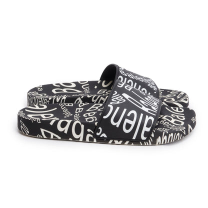 Balenciaga Black/White Rubber All Over Logo Print Pool Slide Sandals, Size 39