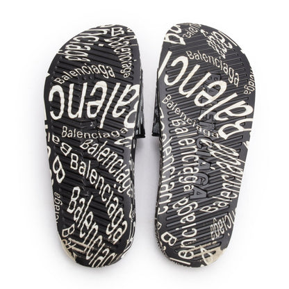 Balenciaga Black/White Rubber All Over Logo Print Pool Slide Sandals, Size 39