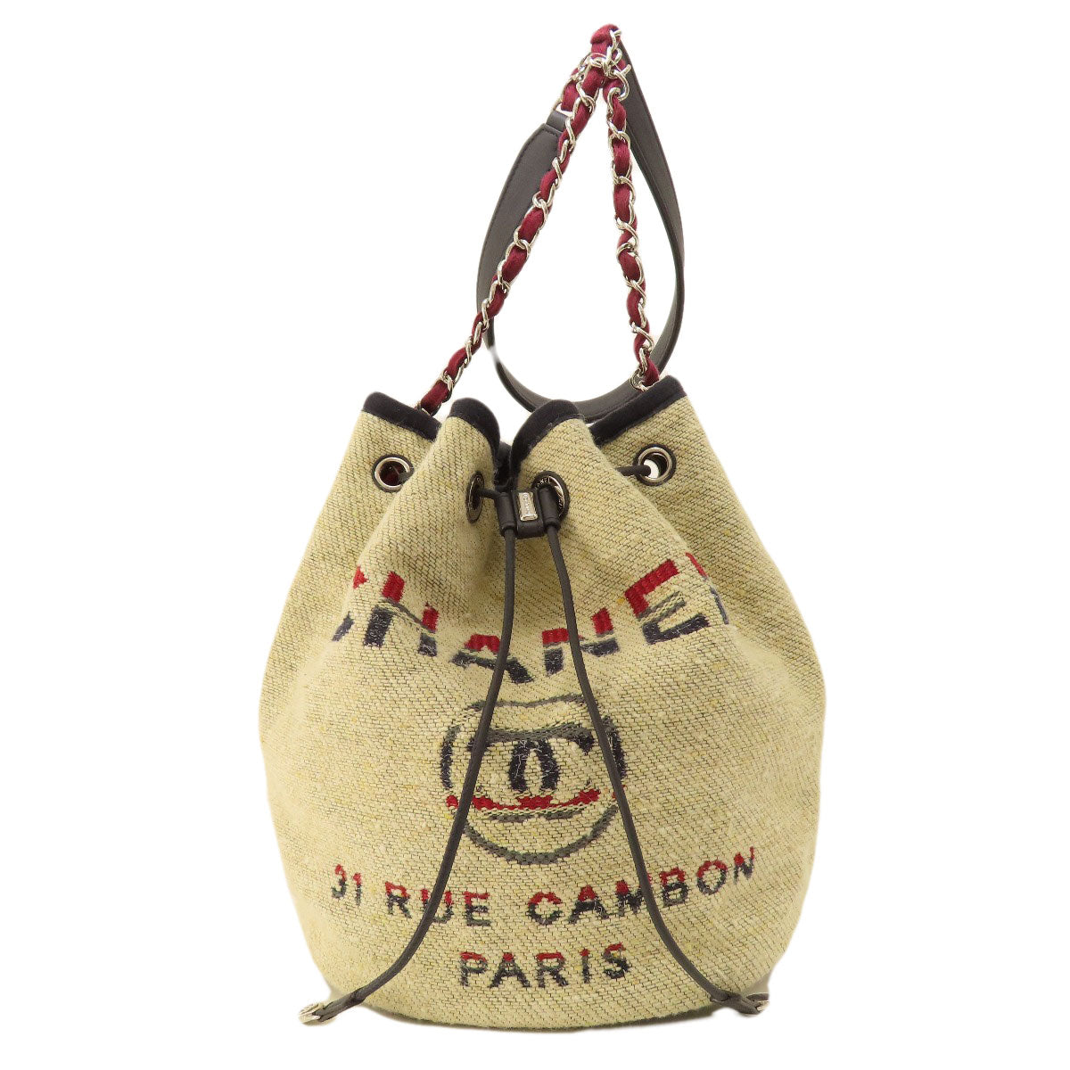 CHANEL Shoulder Bag canvas beige Deauville Drawstring Bag SilverMetal