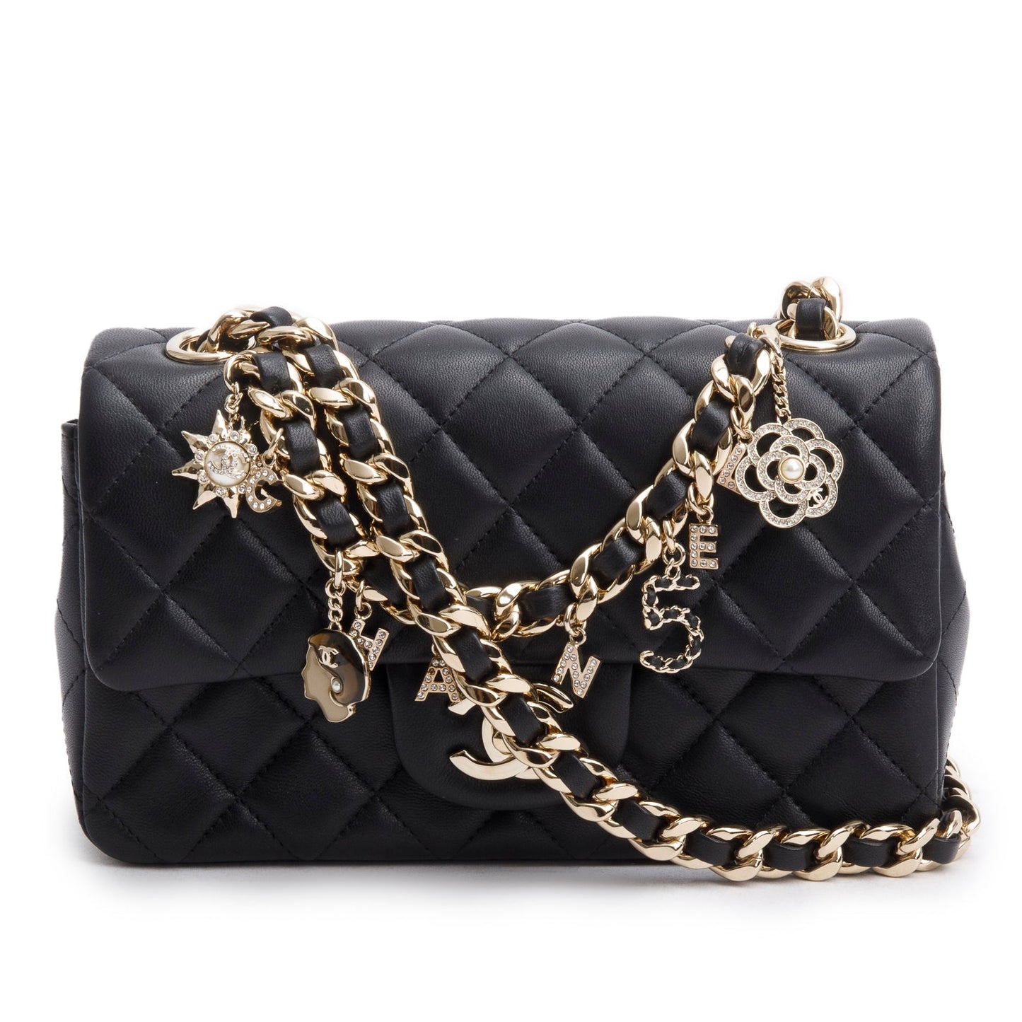 Chanel 2020 Black Lambskin Mini Coco Charms Rectangular Flap