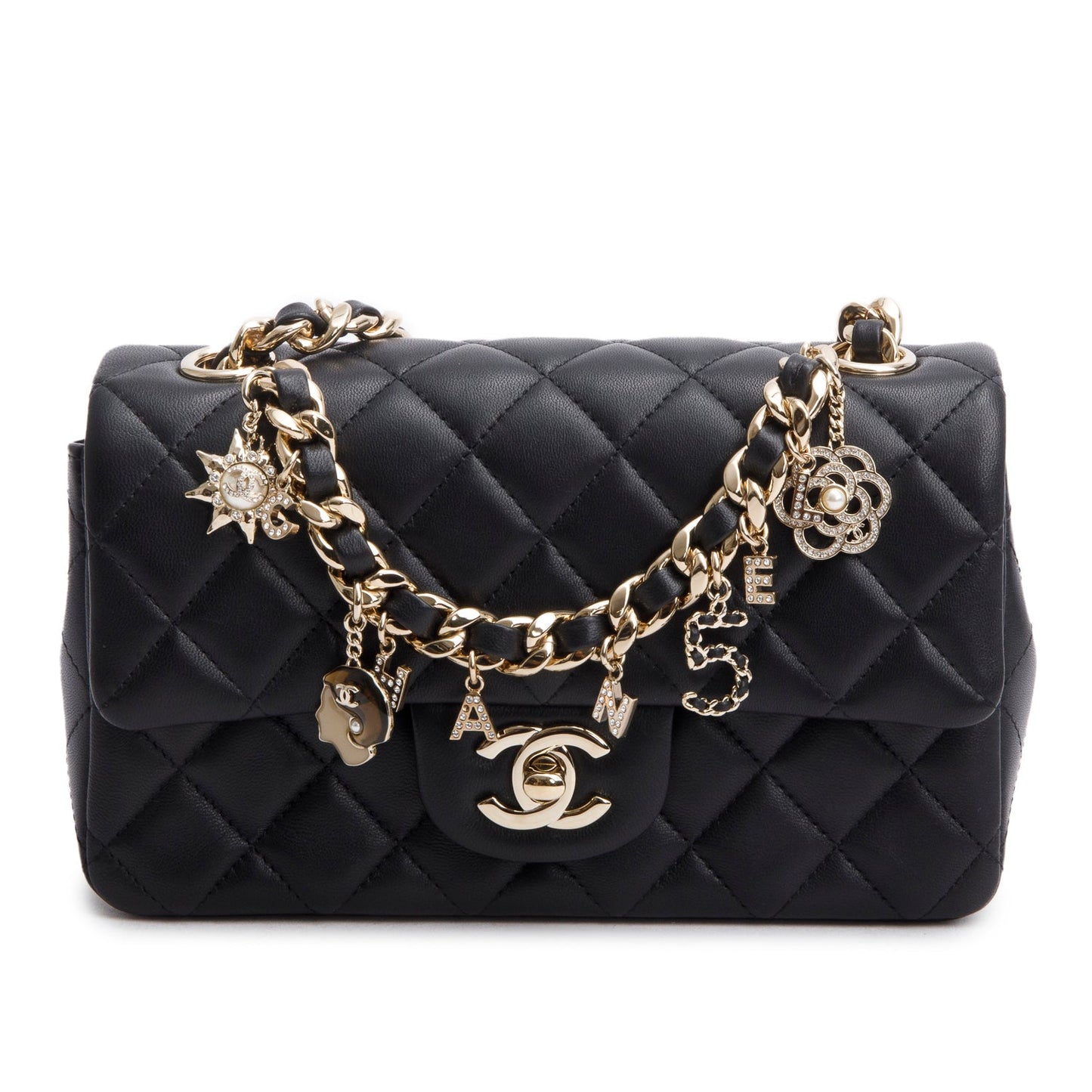 Chanel 2020 Black Lambskin Mini Coco Charms Rectangular Flap
