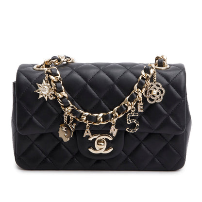 Chanel 2020 Black Lambskin Mini Coco Charms Rectangular Flap