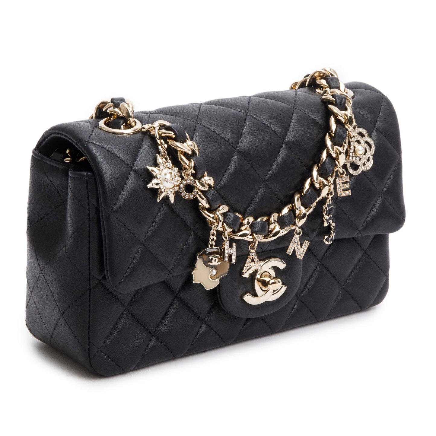 Chanel 2020 Black Lambskin Mini Coco Charms Rectangular Flap