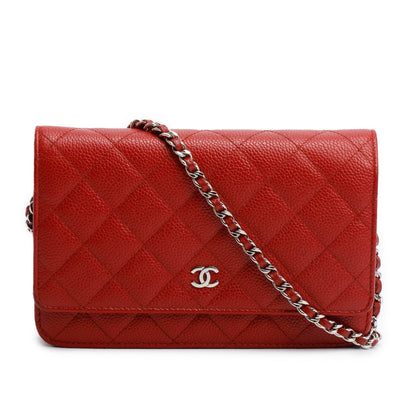 Chanel Red Quilted Caviar Leather Classic Wallet on Chain