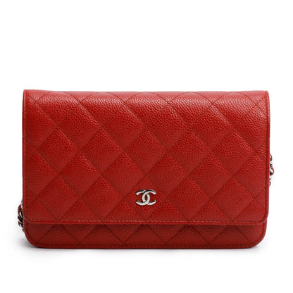 Chanel Red Quilted Caviar Leather Classic Wallet on Chain