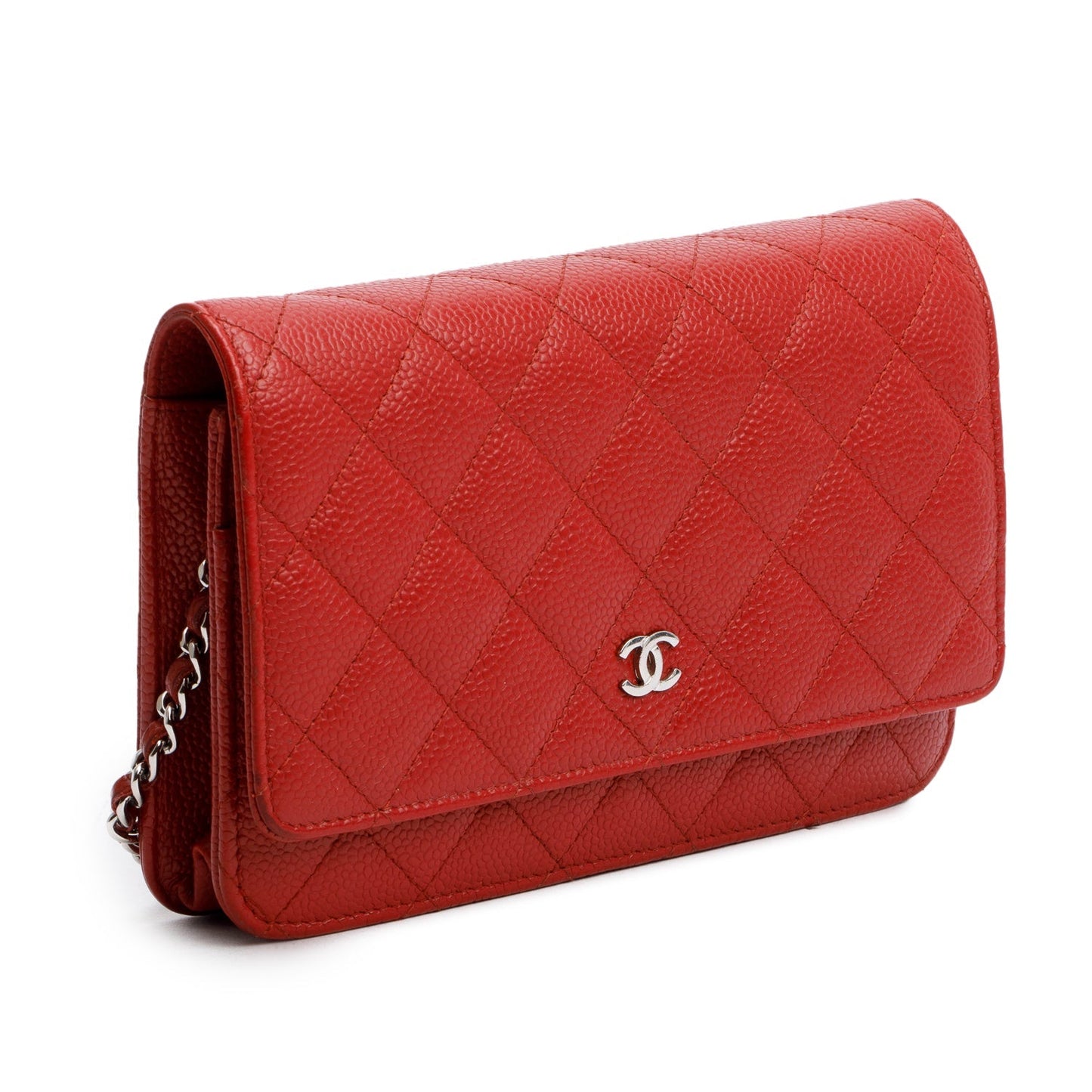 Chanel Red Quilted Caviar Leather Classic Wallet on Chain