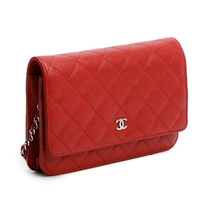 Chanel Red Quilted Caviar Leather Classic Wallet on Chain