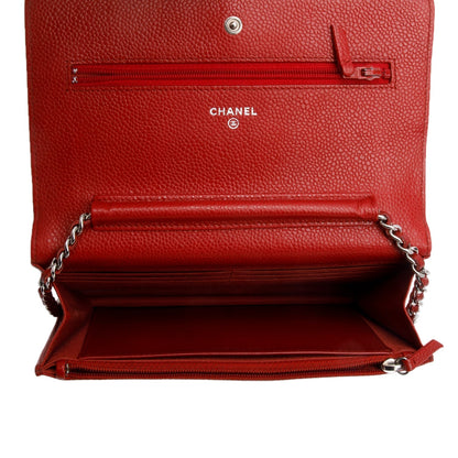 Chanel Red Quilted Caviar Leather Classic Wallet on Chain