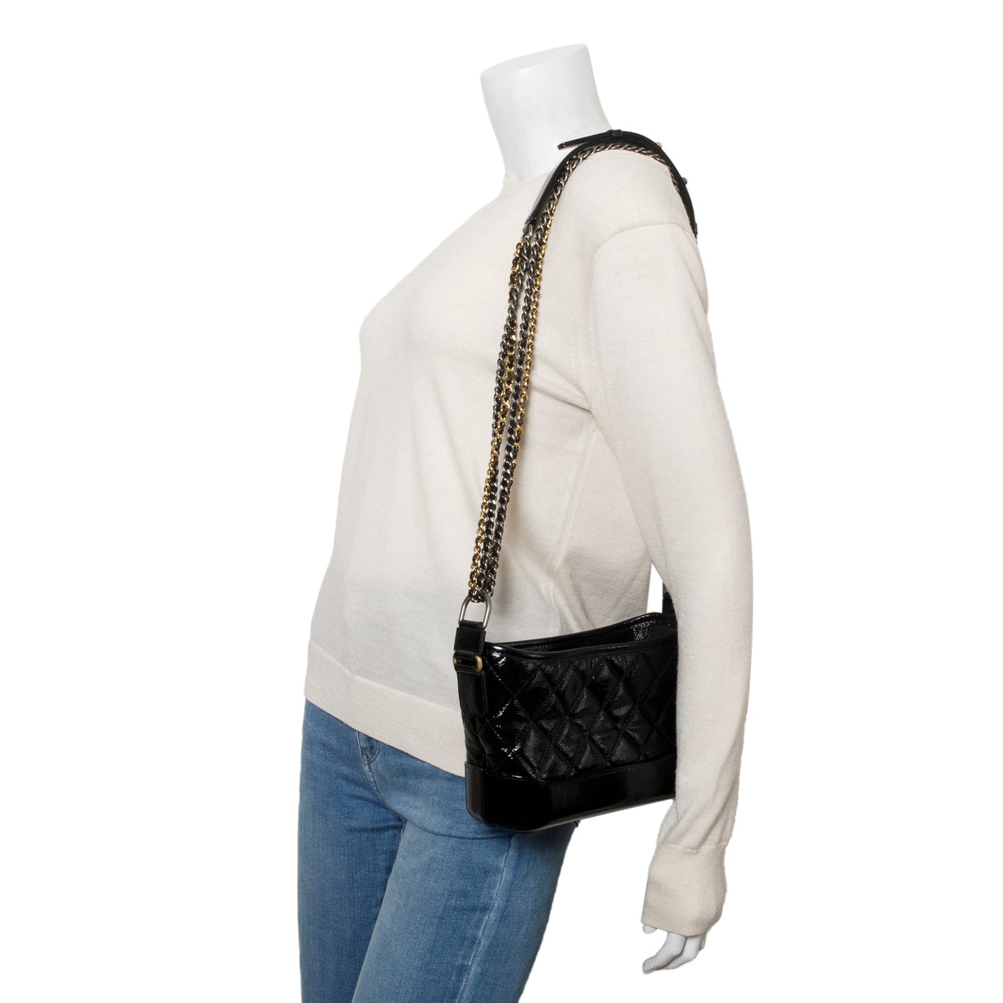Chanel 2020 Black Patent Leather Aged Lambskin Small Gabrielle Hobo