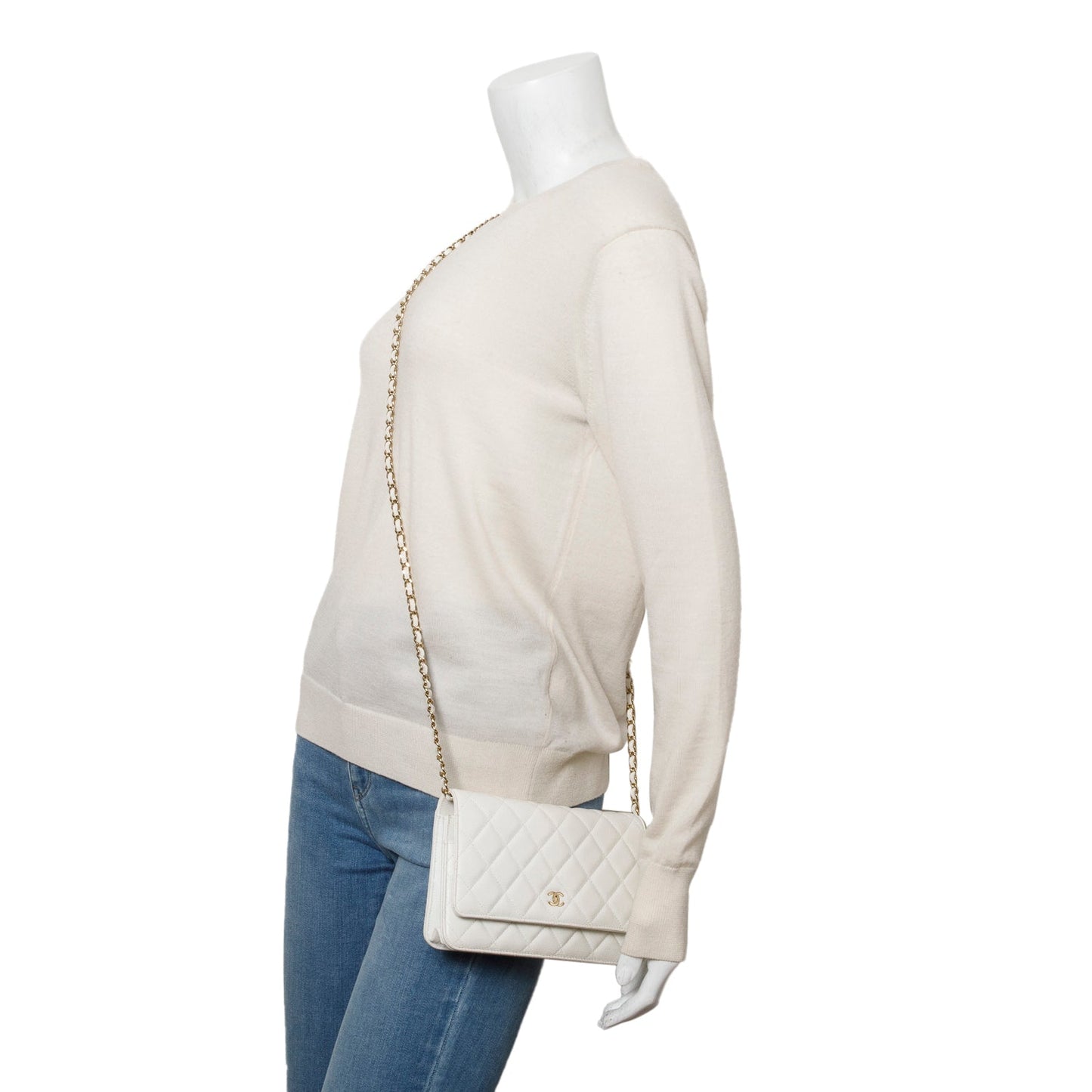 Chanel White Quilted Caviar Leather Classic Wallet on Chain