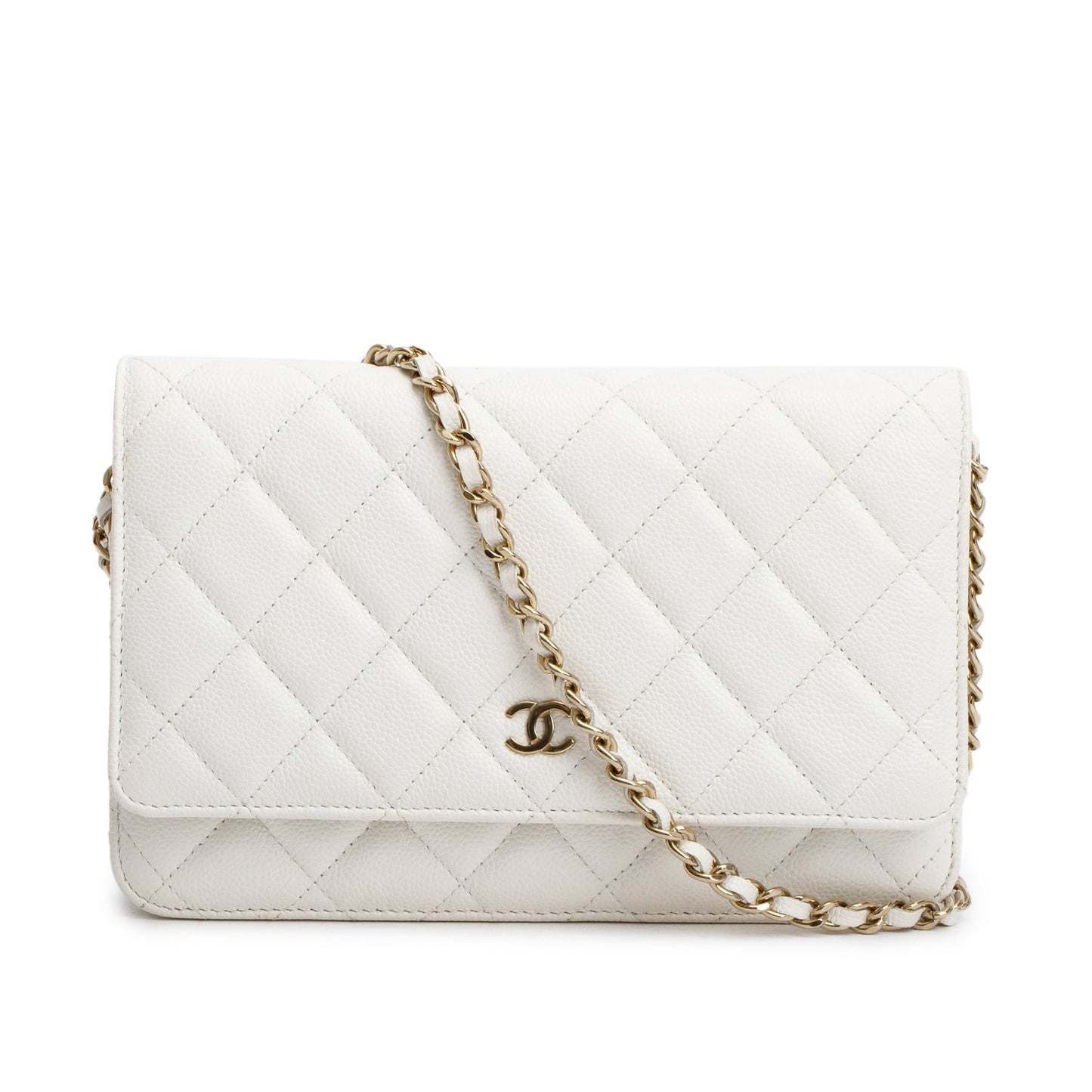 Chanel White Quilted Caviar Leather Classic Wallet on Chain