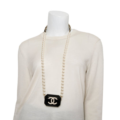 Chanel 2021 Black Resin Crystal CC Faux Pearl Airpod Holder Necklace
