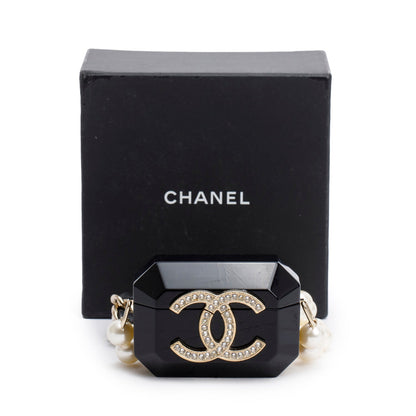 Chanel 2021 Black Resin Crystal CC Faux Pearl Airpod Holder Necklace