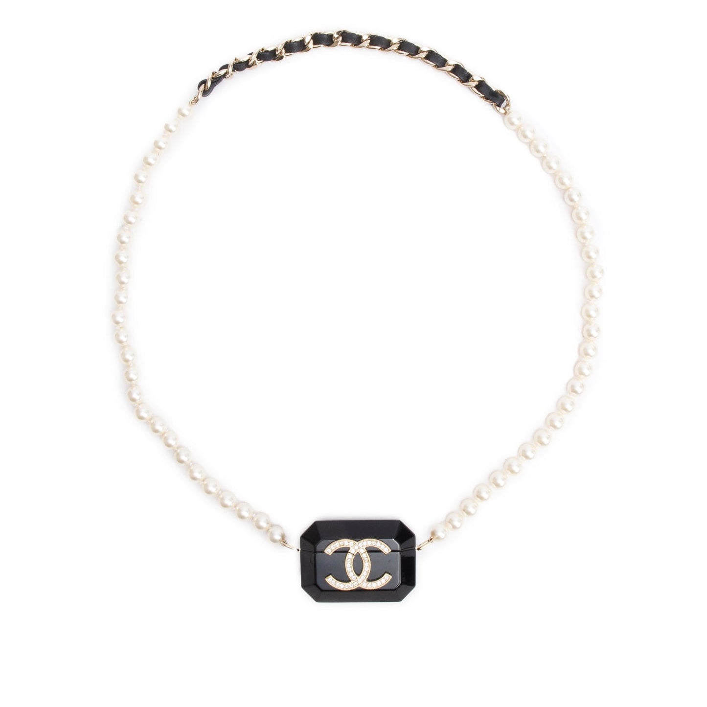 Chanel 2021 Black Resin Crystal CC Faux Pearl Airpod Holder Necklace