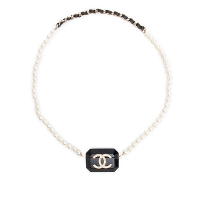 Chanel 2021 Black Resin Crystal CC Faux Pearl Airpod Holder Necklace