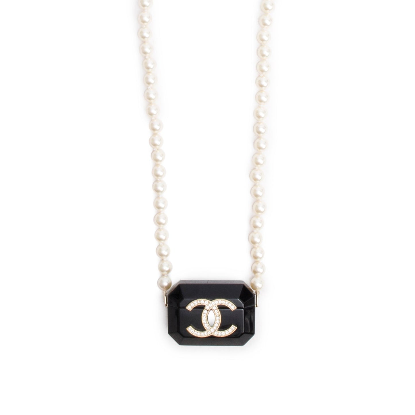 Chanel 2021 Black Resin Crystal CC Faux Pearl Airpod Holder Necklace