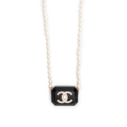 Chanel 2021 Black Resin Crystal CC Faux Pearl Airpod Holder Necklace