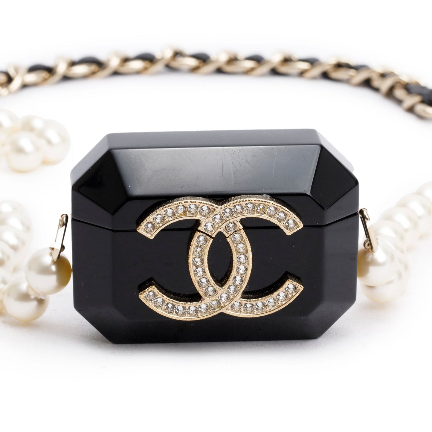Chanel 2021 Black Resin Crystal CC Faux Pearl Airpod Holder Necklace