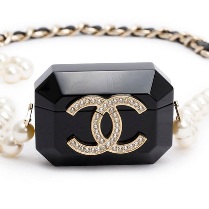 Chanel 2021 Black Resin Crystal CC Faux Pearl Airpod Holder Necklace