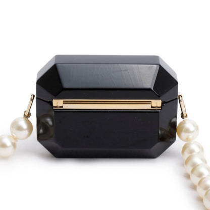 Chanel 2021 Black Resin Crystal CC Faux Pearl Airpod Holder Necklace