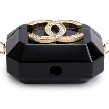 Chanel 2021 Black Resin Crystal CC Faux Pearl Airpod Holder Necklace