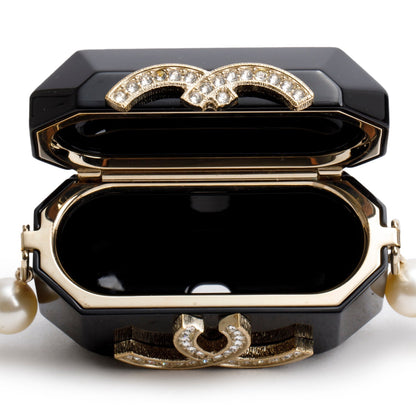 Chanel 2021 Black Resin Crystal CC Faux Pearl Airpod Holder Necklace