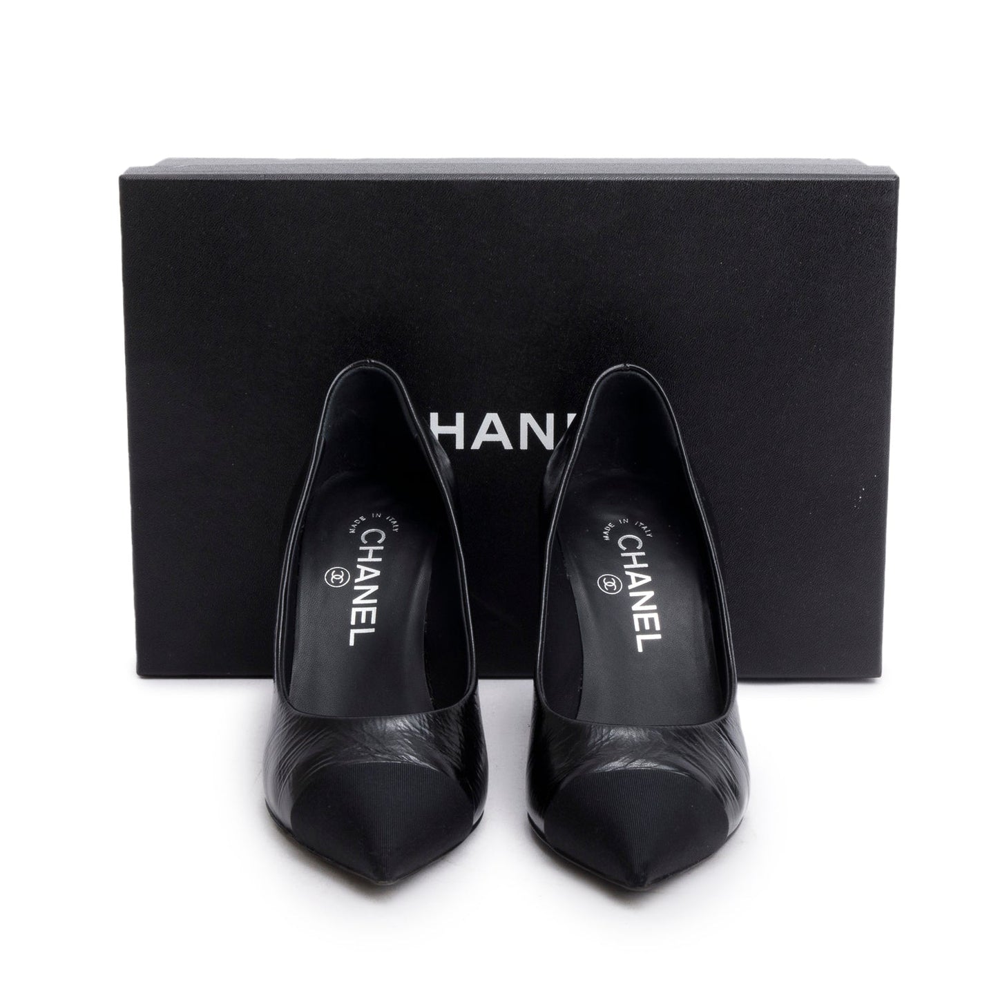 Chanel Black Goatskin Grosgrain Cap Toe Faux Pearl CC Pumps, Size 36
